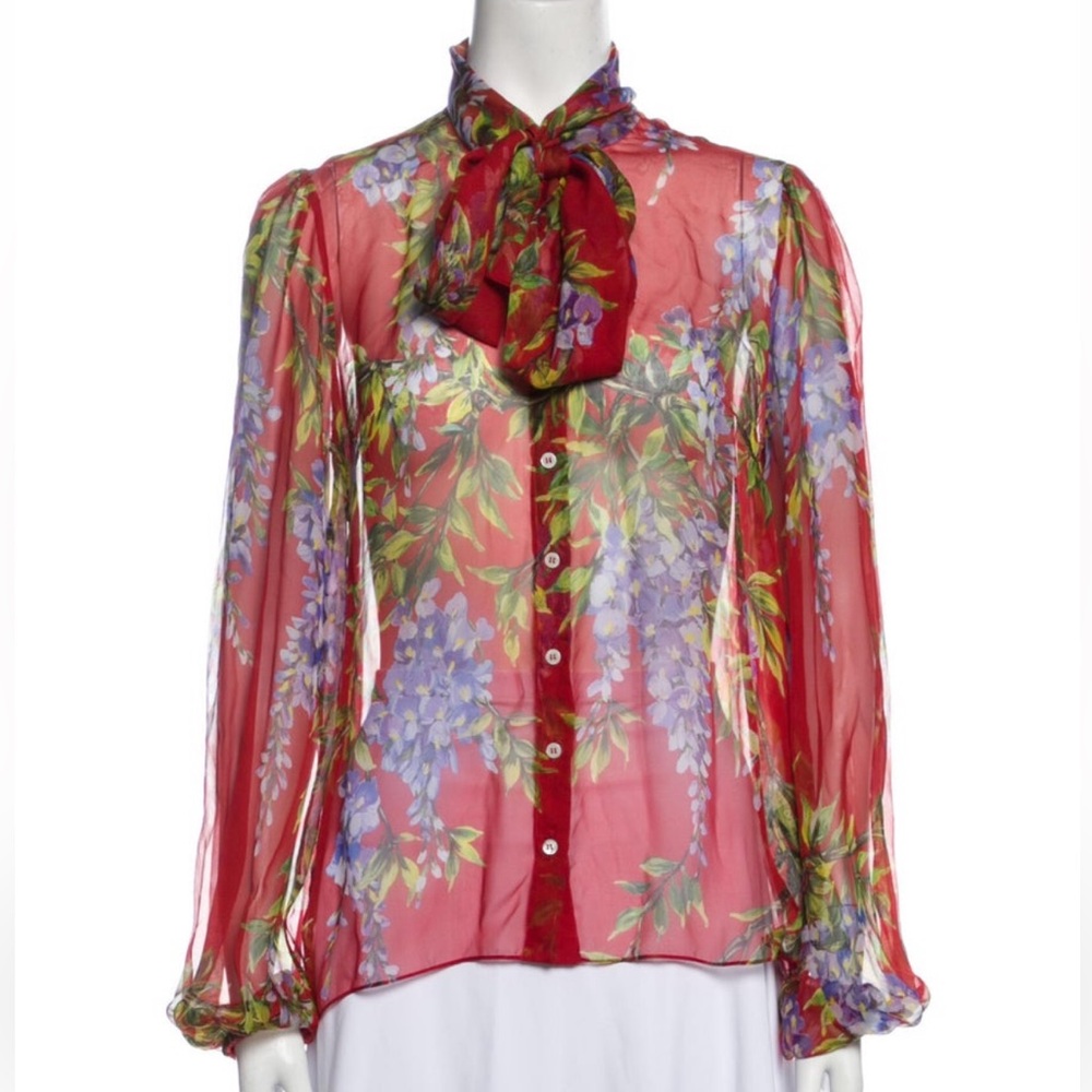 DOLCE & GABBANA Red Silk Wisteria Floral Sheer Pussybow Blouse 6 M NWOT RARE!